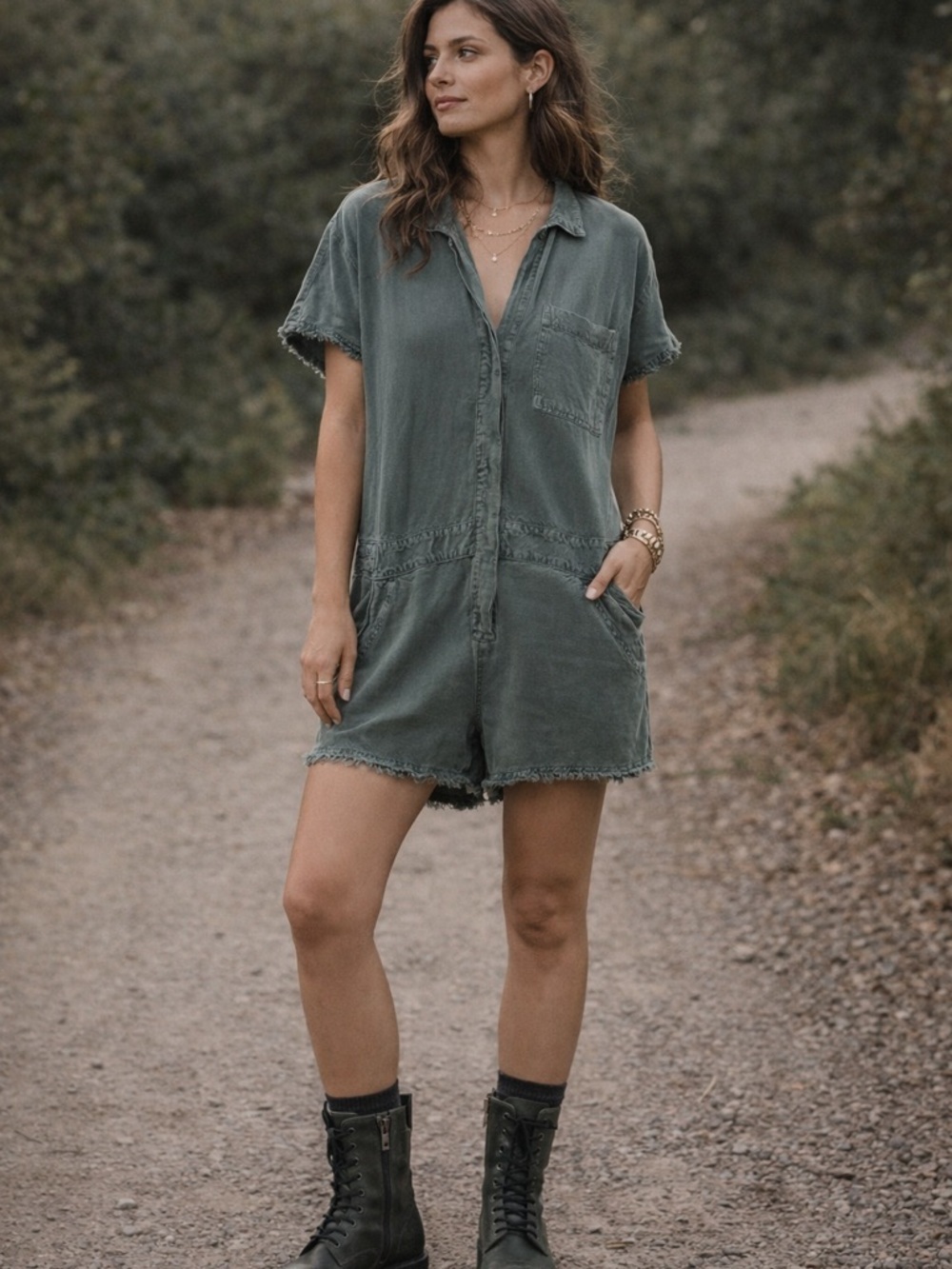 YFB Linen Blend Utility Romper M Sage Green Raw Hem Edgy Grunge